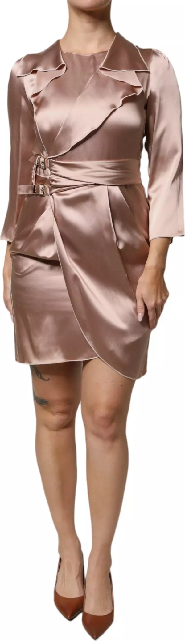 Pink Satin Long Sleeves Sheath Wrap Mini Dress
