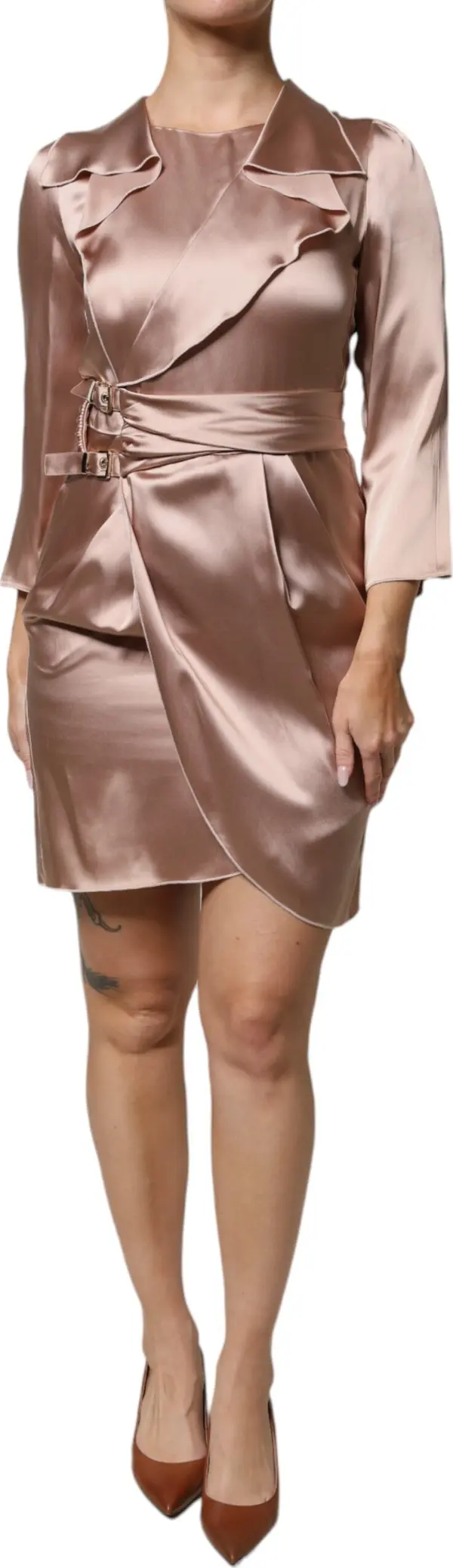 Pink Satin Long Sleeves Sheath Wrap Mini Dress