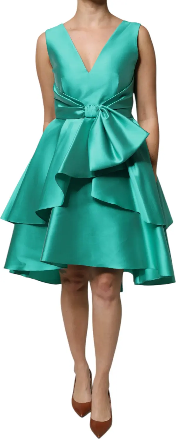 Green Satin Polyester Sleeveless V-neck Layered Dress