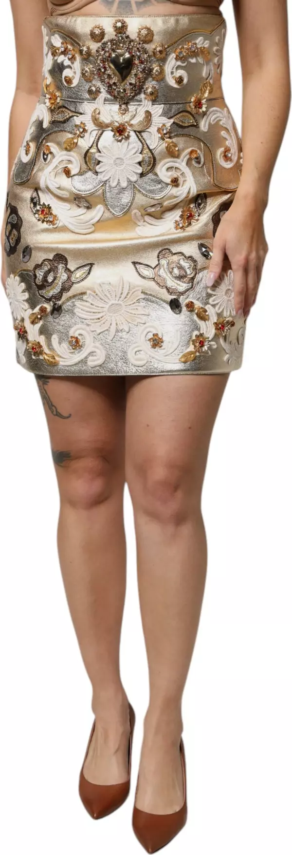 Gold Jacquard Embellished A-line Mini Skirt