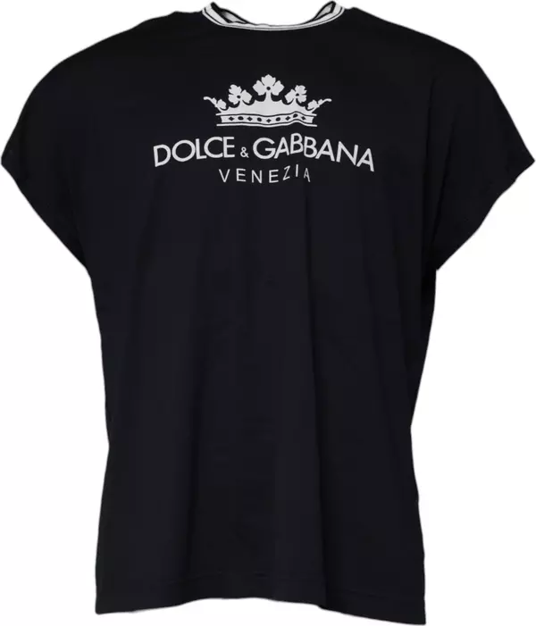 Dark Blue Logo Crown Cotton Crew Neck T-shirt