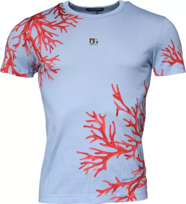Light Blue Coral Cotton Men Crew Neck T-shirt