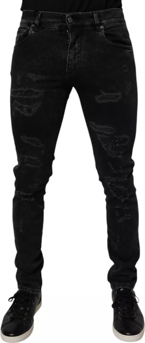Black Tattered Cotton Skinny Men Denim Jeans