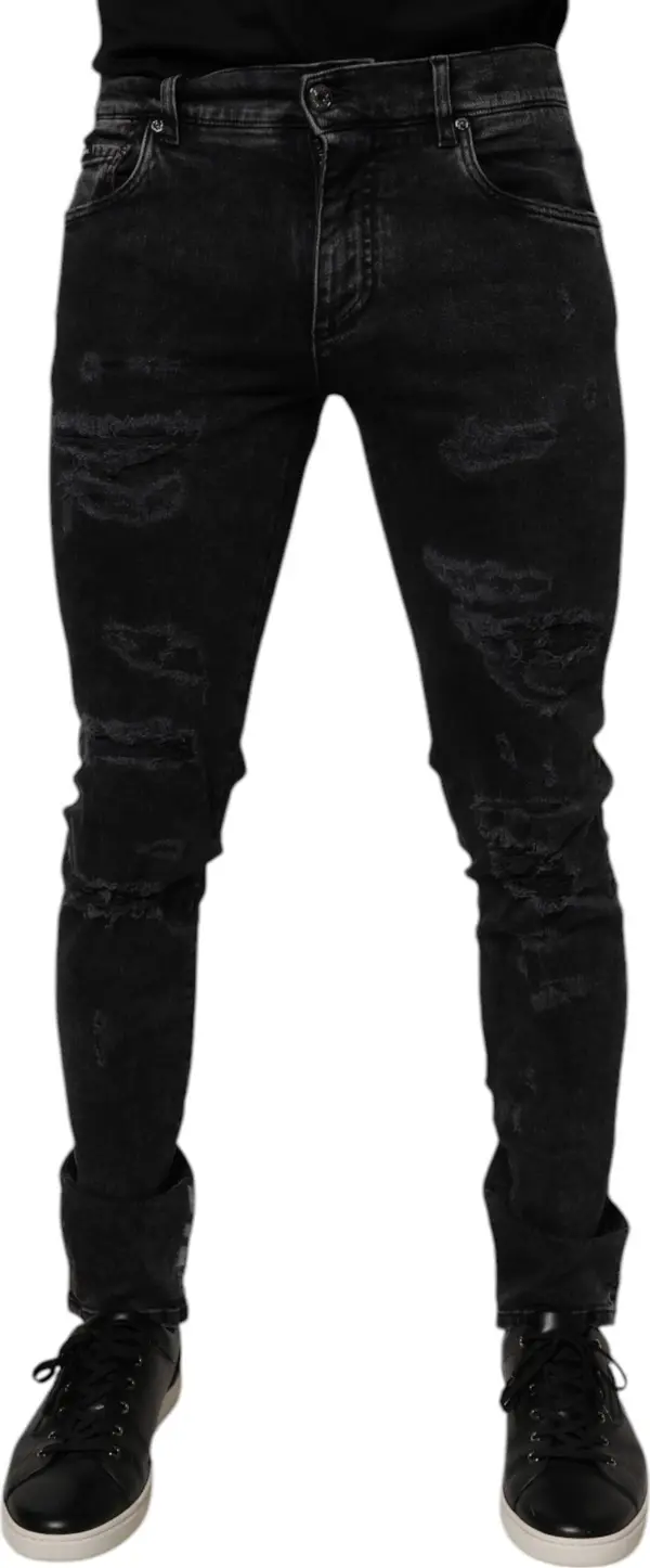 Black Tattered Cotton Skinny Men Denim Jeans