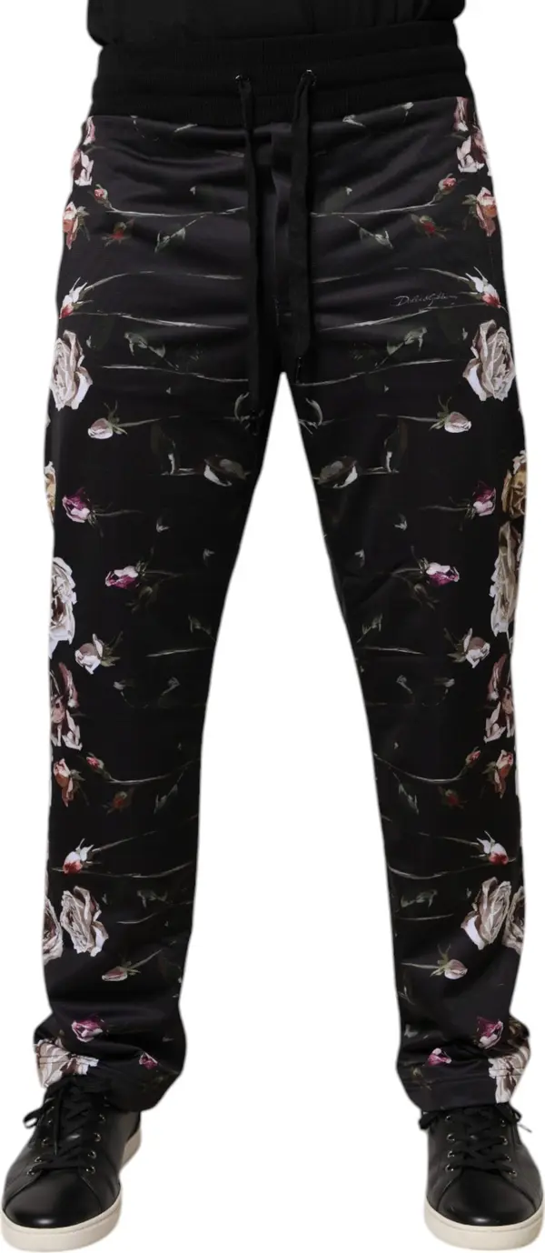 Black Floral Polyester Jogger Pants