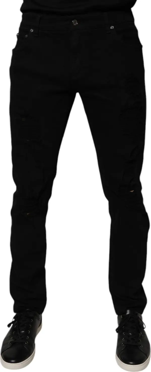 Black Tattered Cotton Skinny Men Denim Jeans