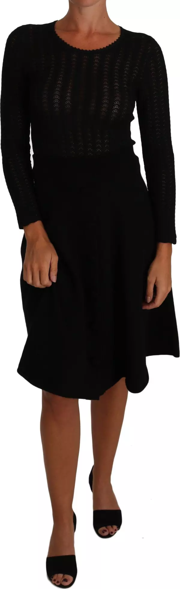 Black Knitted Wool Sheath Long Sleeves Dress