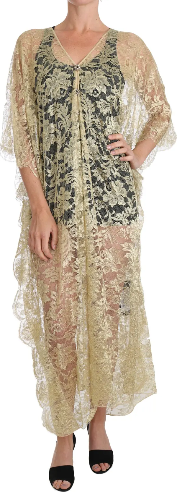 Gold Floral Lace Crystal Gown Cape Dress