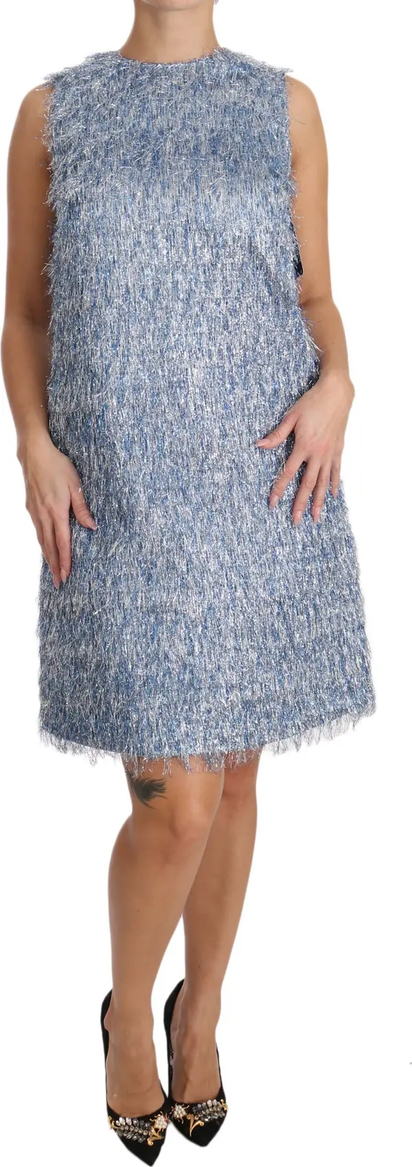 Light Blue Fringe Shift Gown Dress