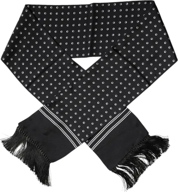 Black White Polka Dotted Silk Skinny Fringes Scarf