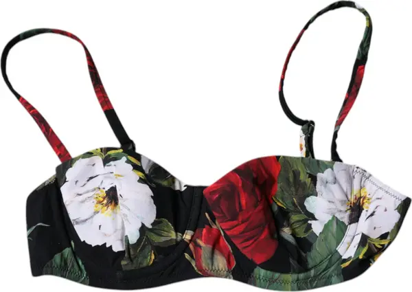 Black Floral Print Nylon Balconcino Bra Underwear