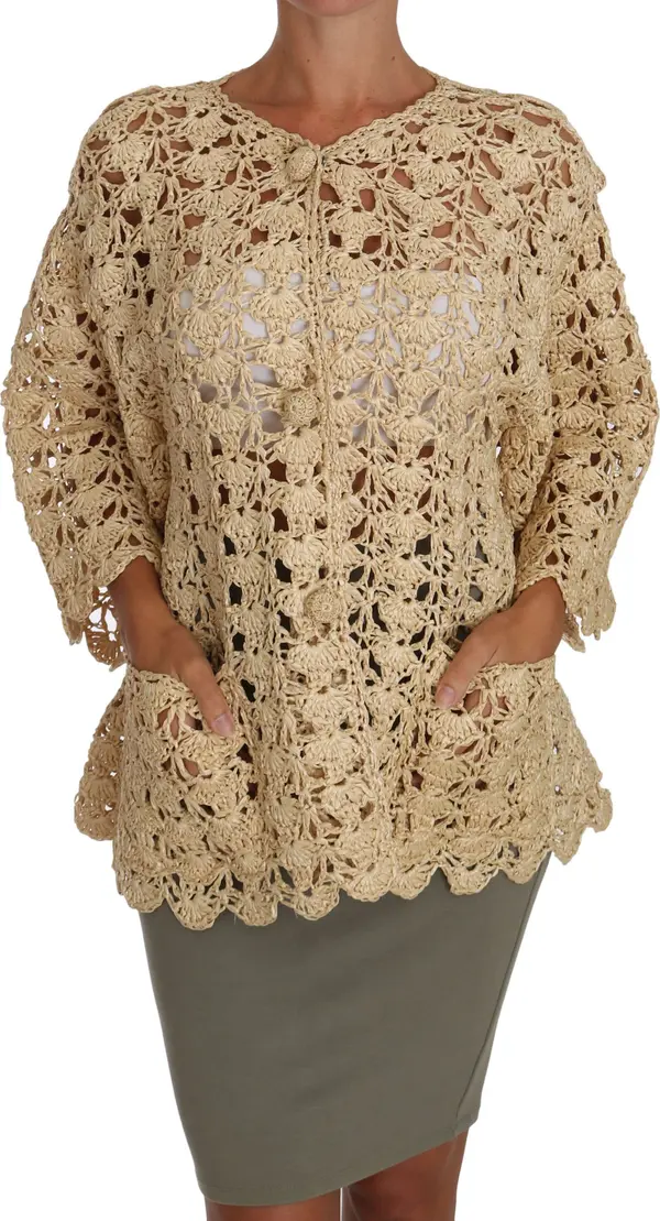 Beige Cardigan Crochet Knitted Raffia Sweater