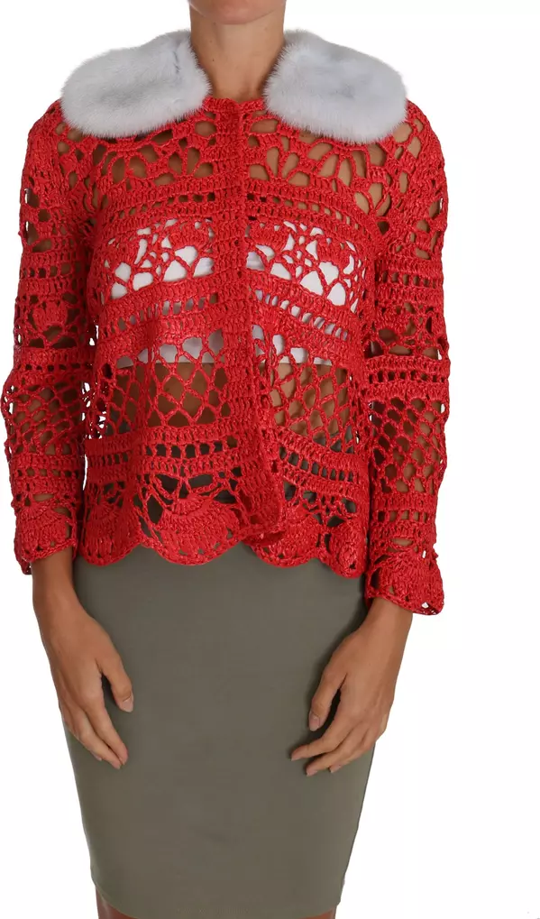 Red Cardigan Crochet Knit Raffia Sweater