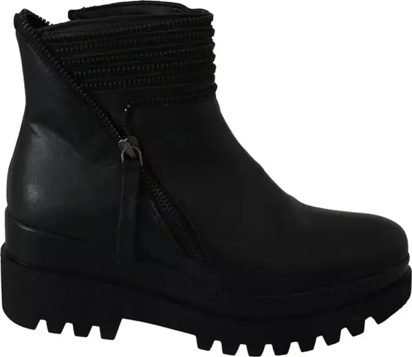 Black Leather Zipper Ankle Boots Shoes