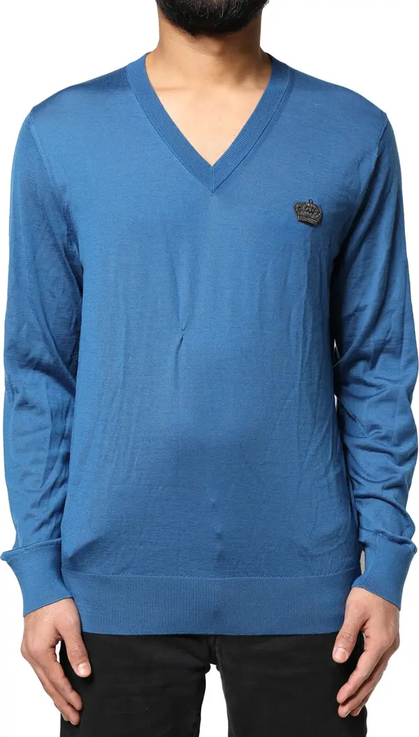 Blue Cashmere Crown V-neck Pullover Sweater