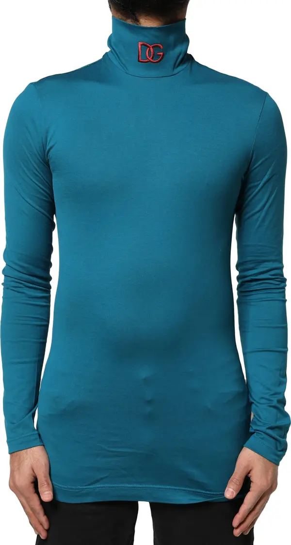 Blue Cotton Turtleneck Long Sleeves Sweater