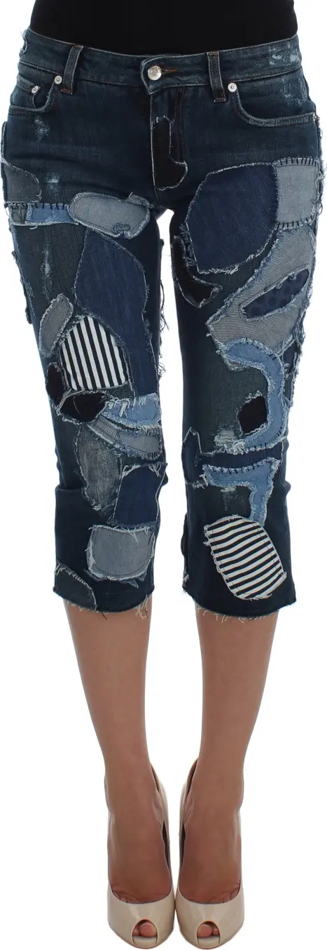 Stretch Blue Patchwork Jeans Shorts
