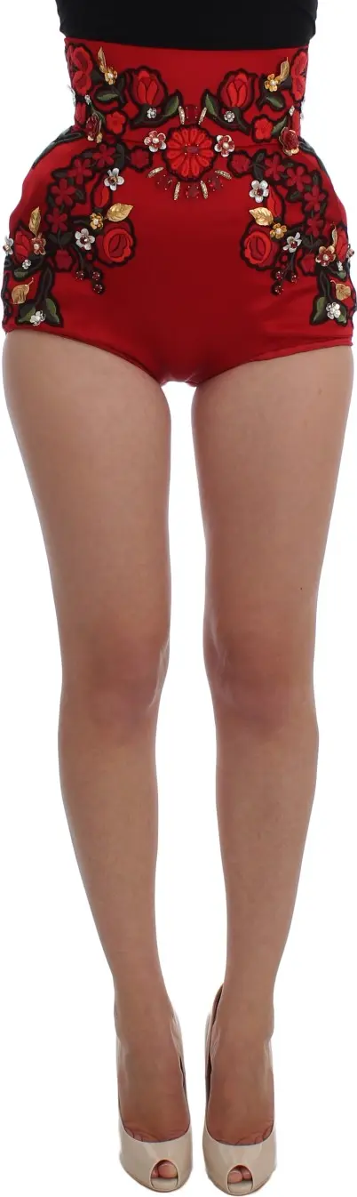 Red Silk Crystal Roses Shorts