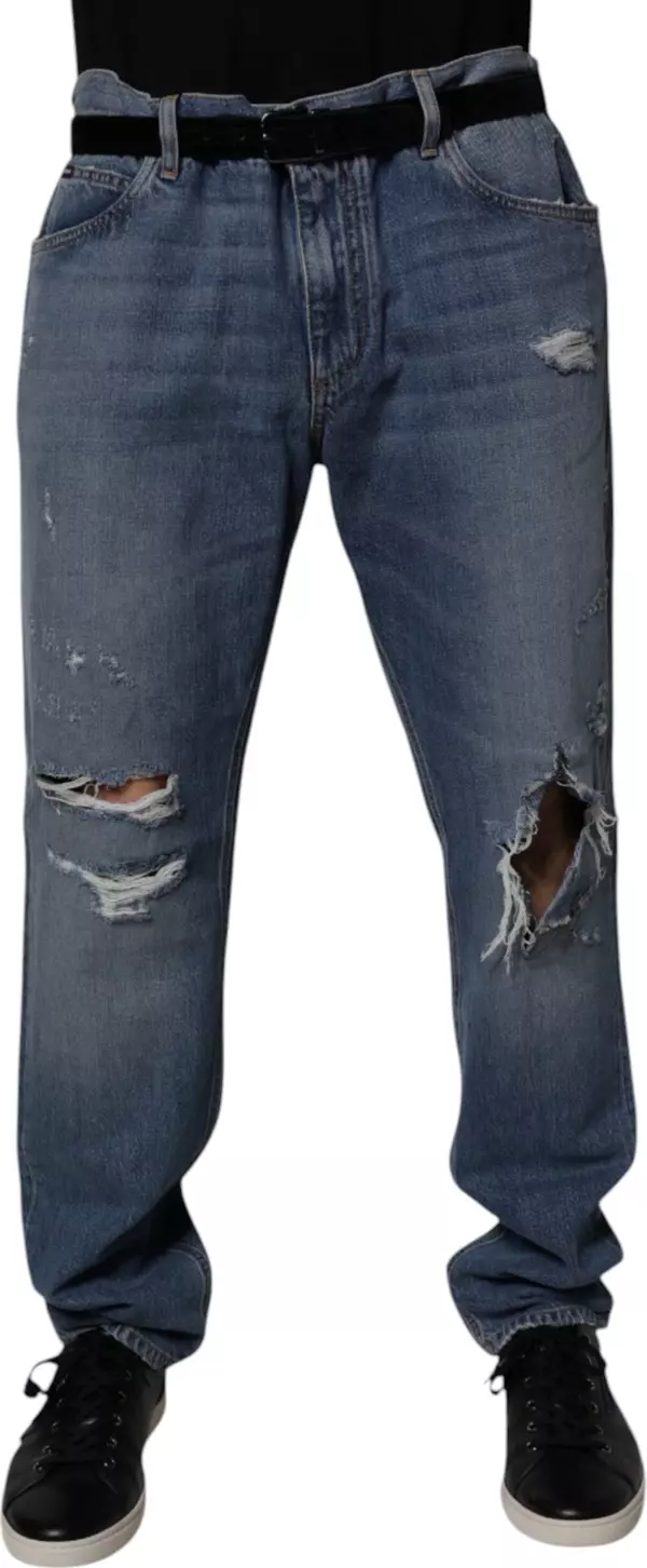 Blue Tattered Cotton Straight Denim Jeans