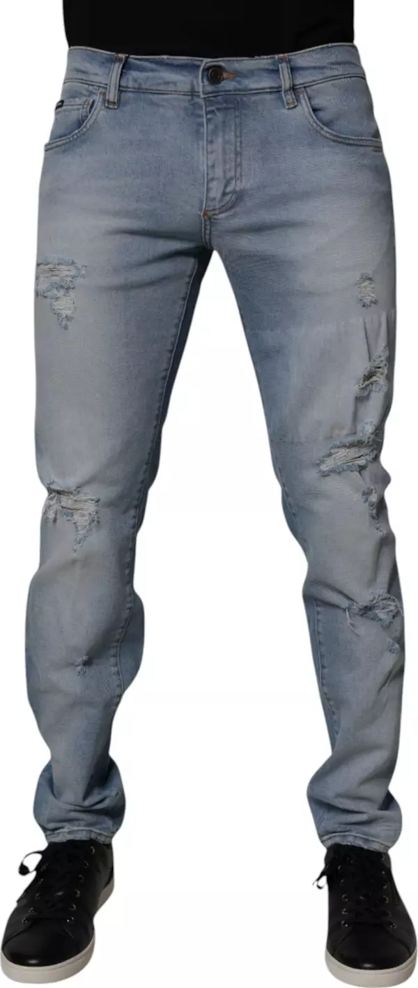 Blue Tattered Cotton Skinny Men Denim Jeans