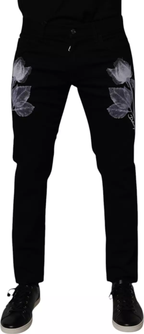 Black Floral Cotton Skinny Men Denim Jeans