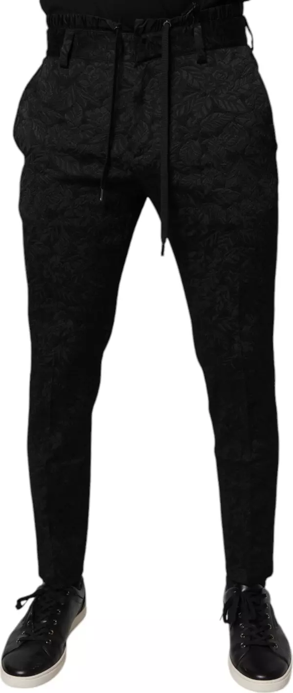 Black Brocade Polyester Skinny Dress Pants