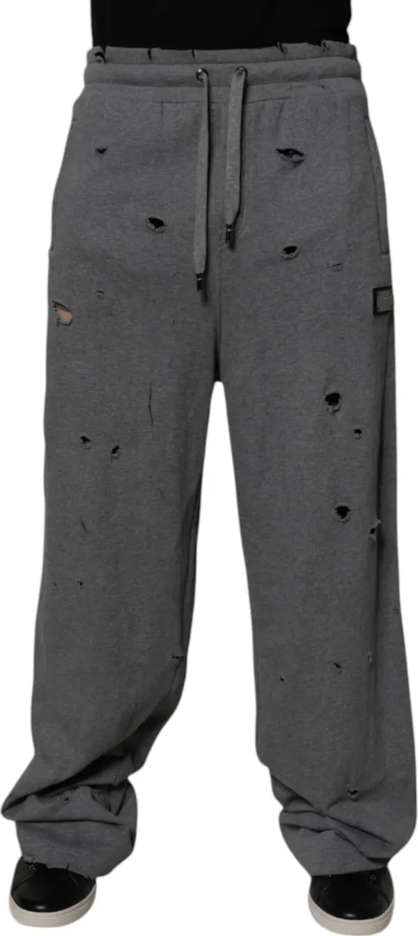 Gray Cotton RipStyle Straight Sweatpants Pants