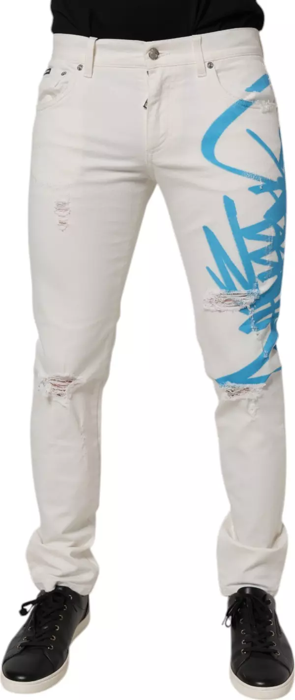White Tattered Graffiti Skinny Denim Jeans