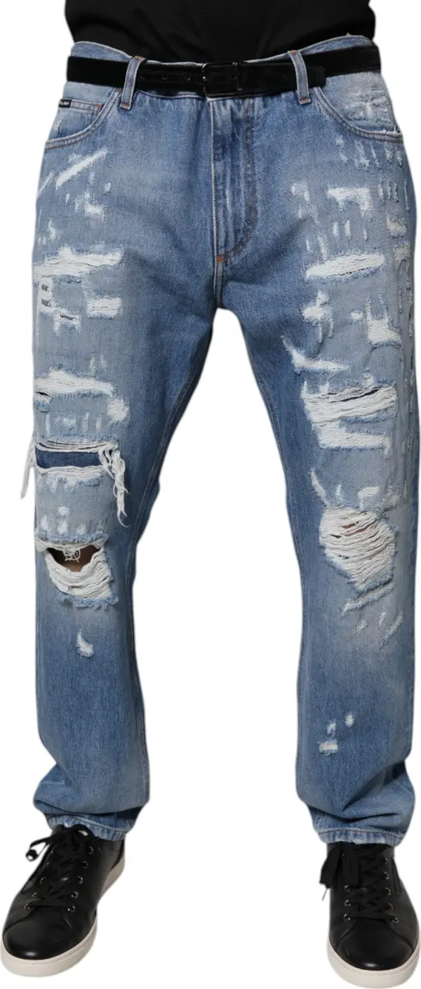 Blue Tattered Straight Cotton Denim Jeans
