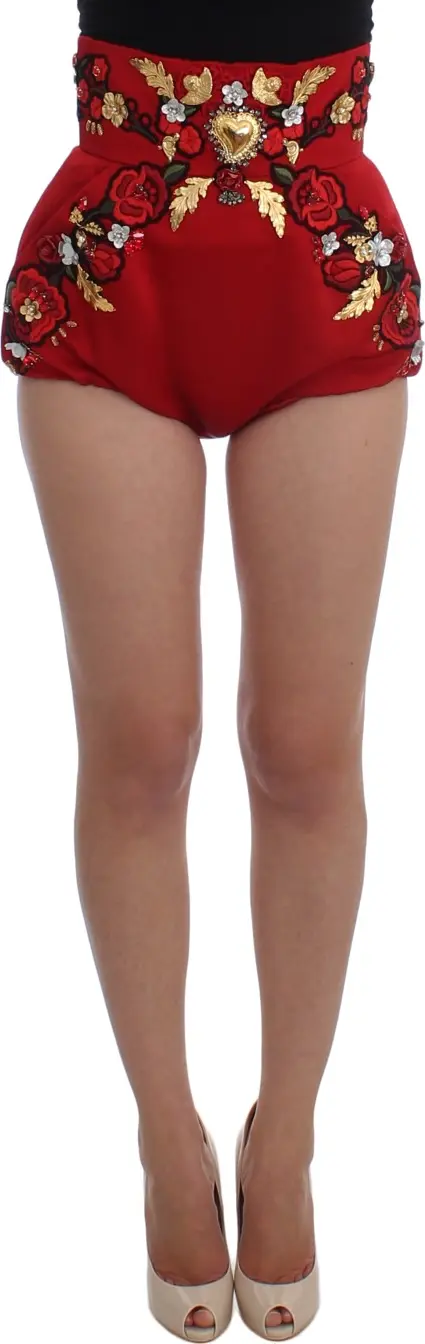 Red Silk Crystal Roses Shorts