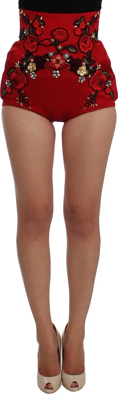 Red Silk Crystal Roses Shorts