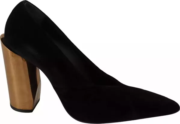 Black Leather Suede Block Heels Pumps Shoes