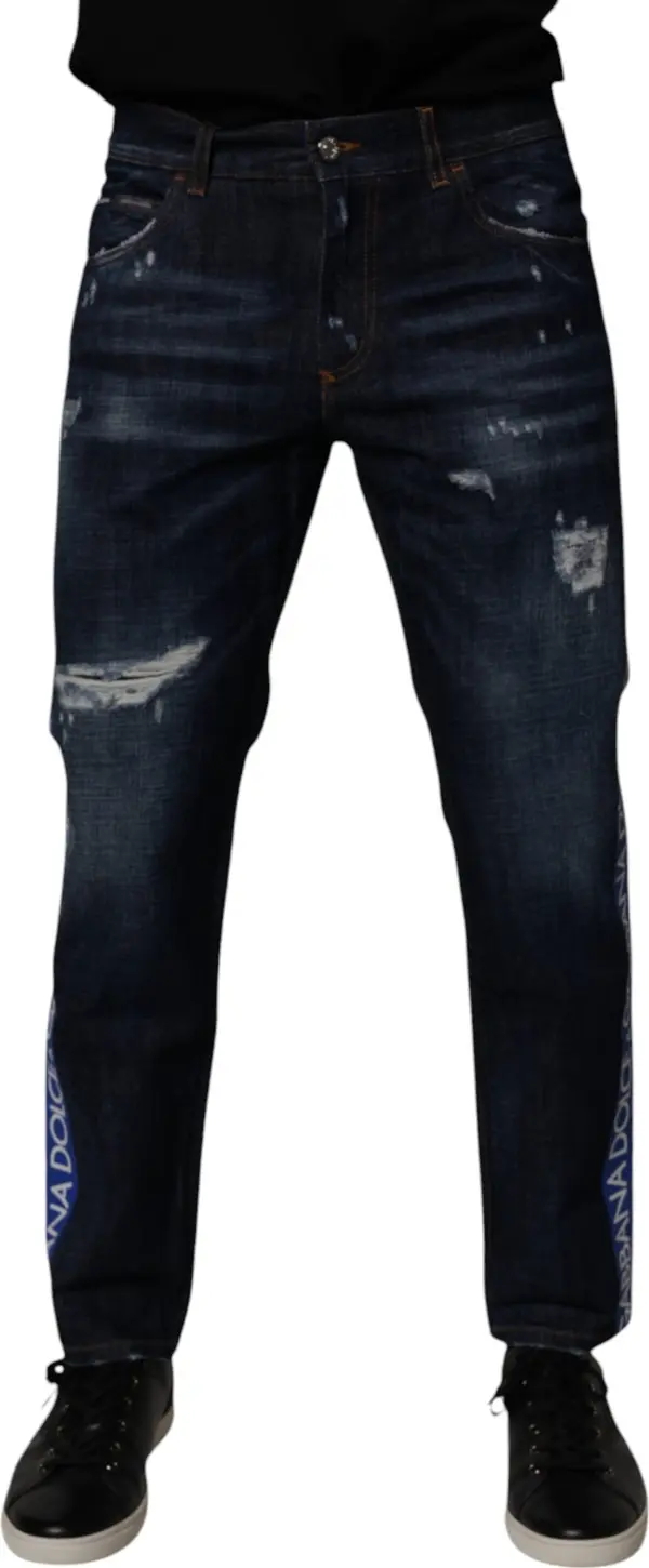 Dark Blue Cotton Tattered Skinny Denim Jeans