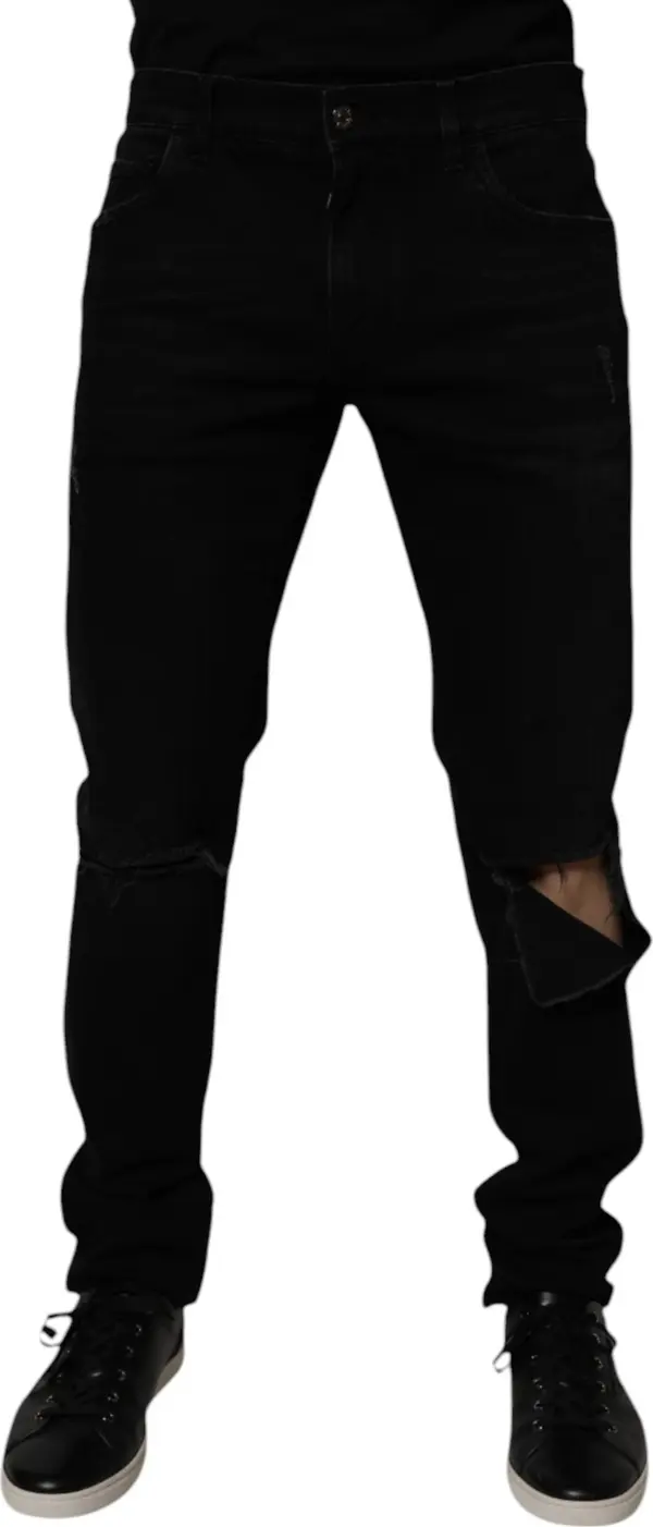 Black Cotton Tattered Skinny Men Denim Jeans
