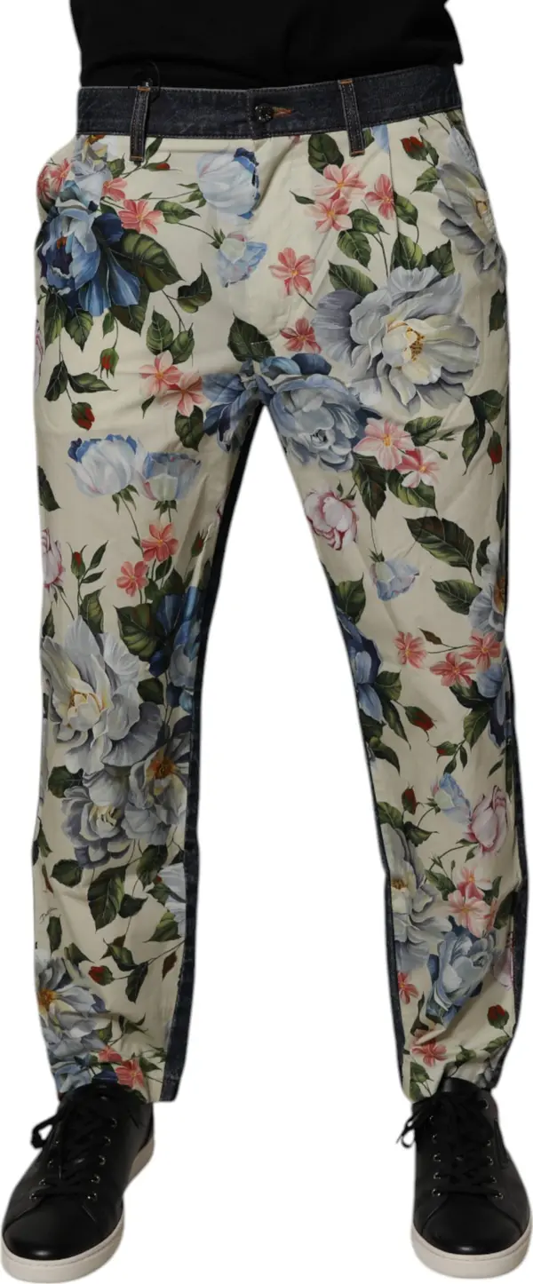 Beige Blue Floral Cotton Men Denim Jeans
