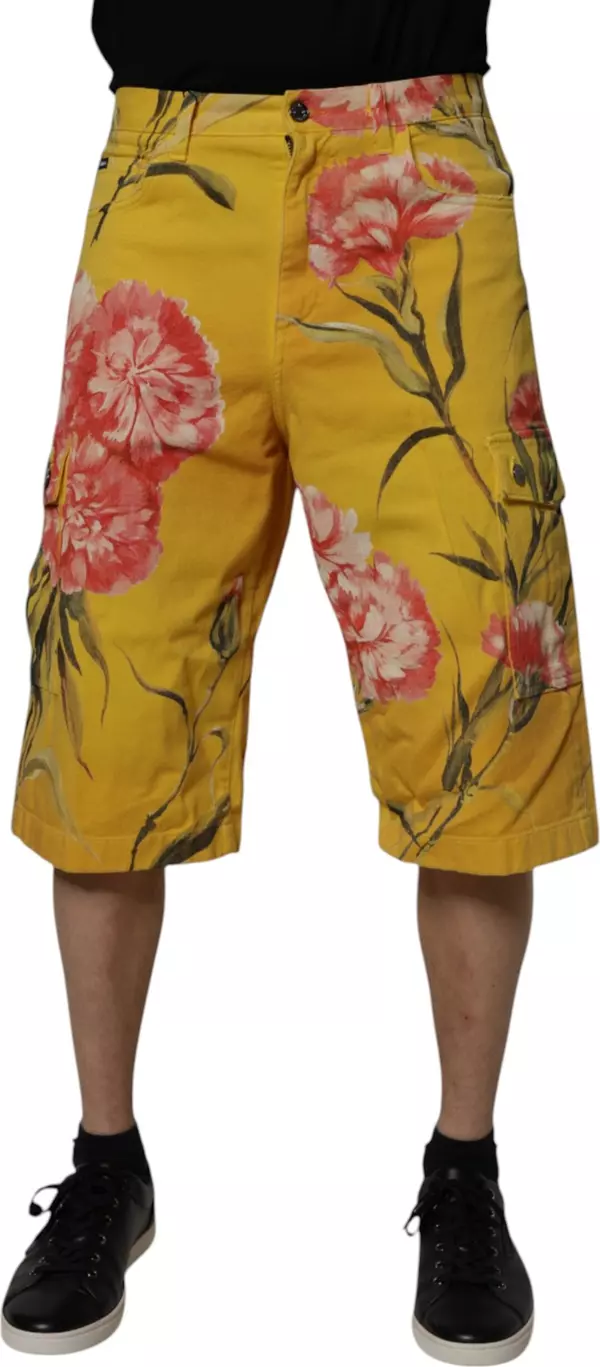 Yellow Floral Cargo Denim Men Bermuda Shorts