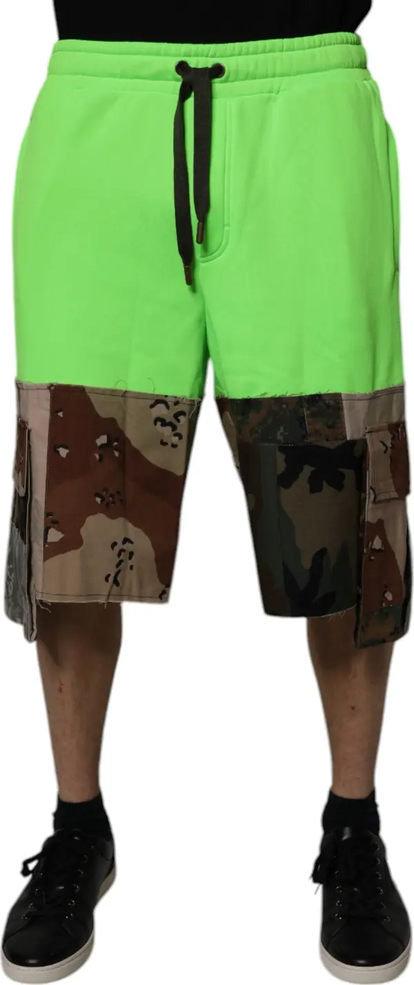 Green Patchwork Cargo Bermuda Shorts