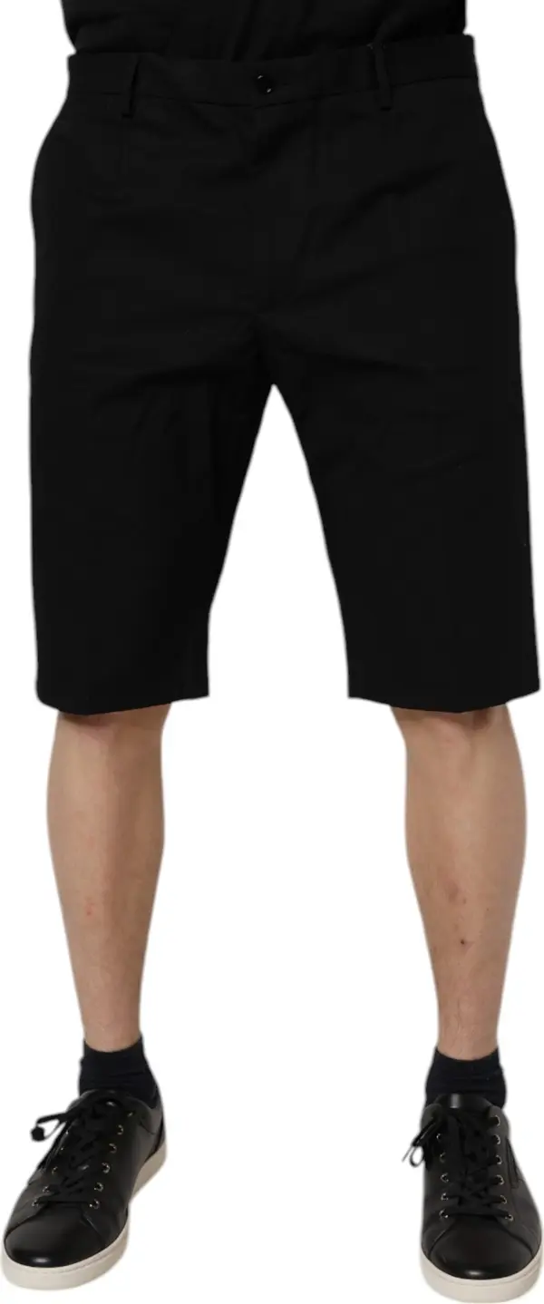 Black Cotton Stretch Mid Waist Bermuda Shorts