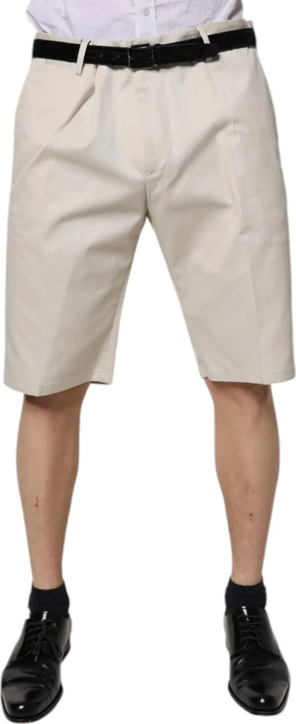 Beige Cotton Stretch Mid Waist Bermuda Shorts