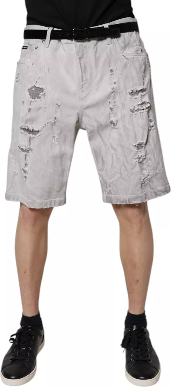 Light Gray Tattered Men Denim Bermuda Shorts