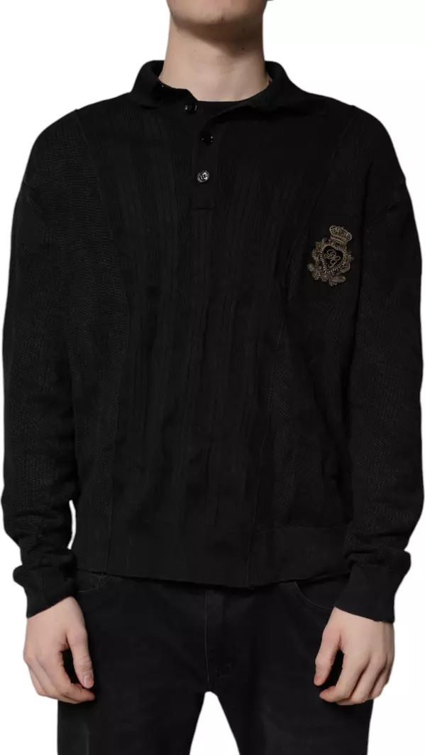 Black Heraldic Silk Buttoned Pullover Sweater
