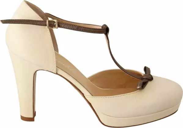 Beige T-Strap Block Heels Pumps Leather Shoes