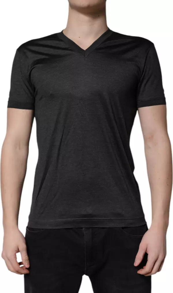 Dark Gray Silk V-neck Short Sleeves T-shirt