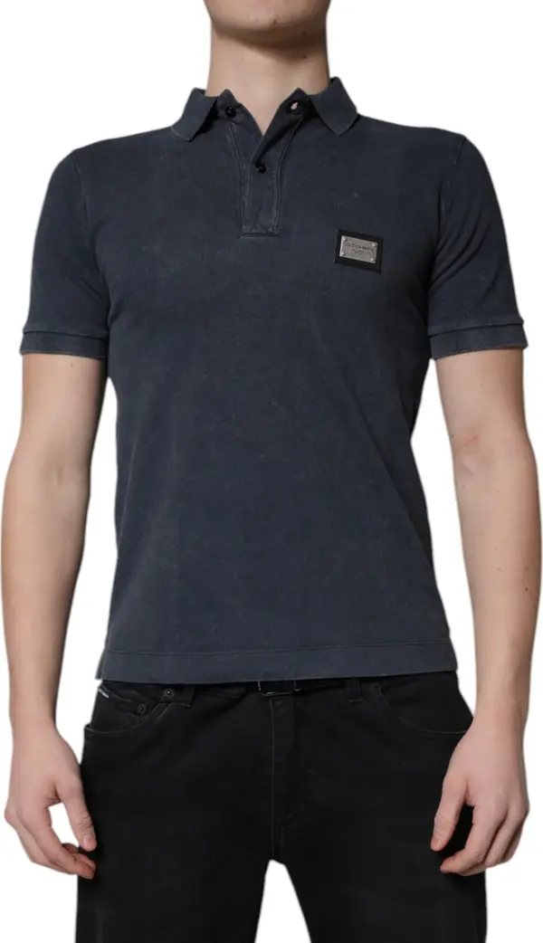 Dark Blue Logo Plaque Cotton Men Polo Shirt T-shirt