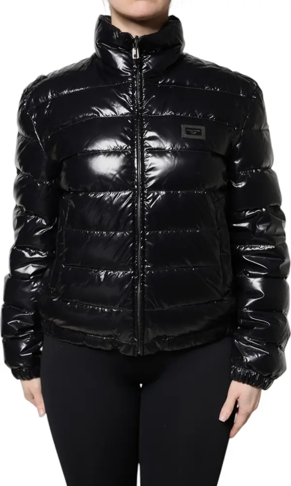 Black Logo Plaque Full Zip Puffer Jacket