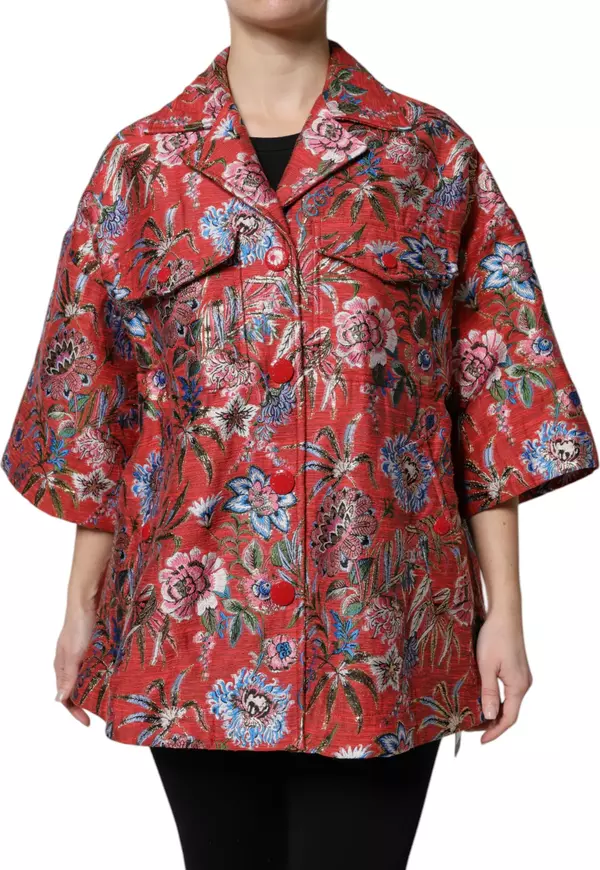 Red Floral Jacquard Button Down Coat Jacket