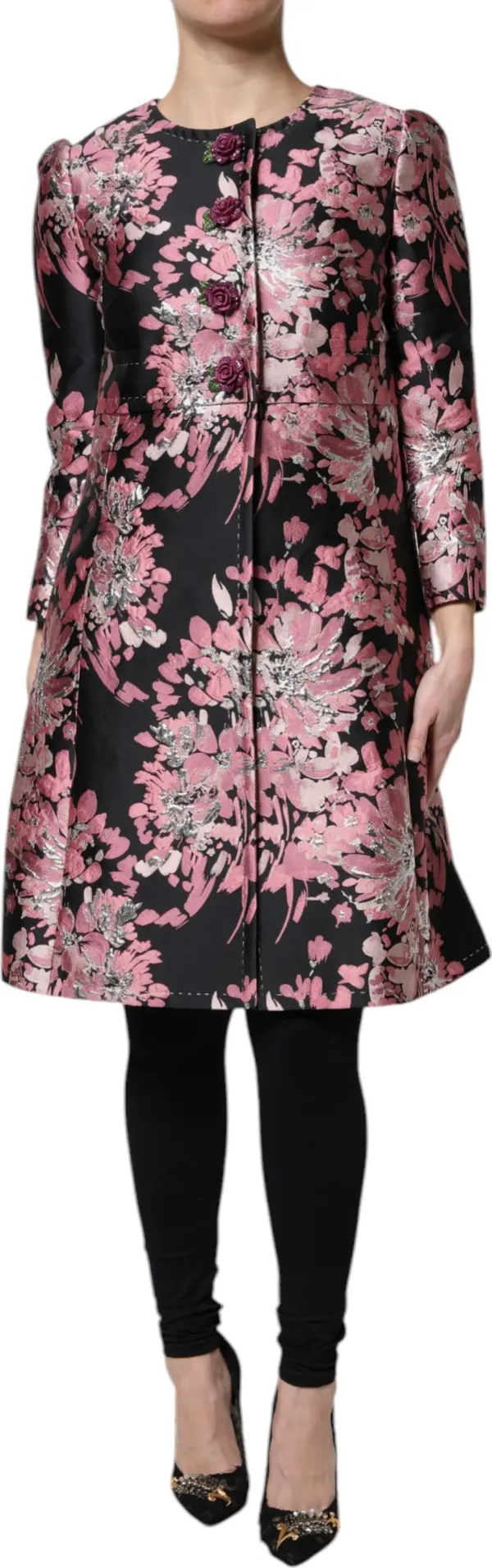 Pink Black Floral Brocade Trenchcoat Jacket