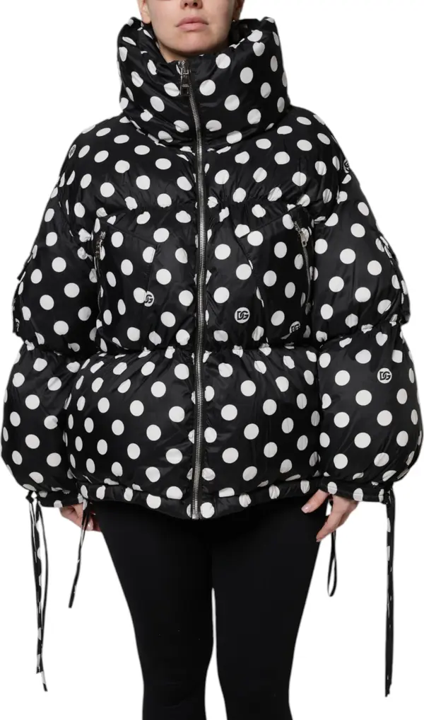 Black White Polka Dot Full Zip Puffer Jacket