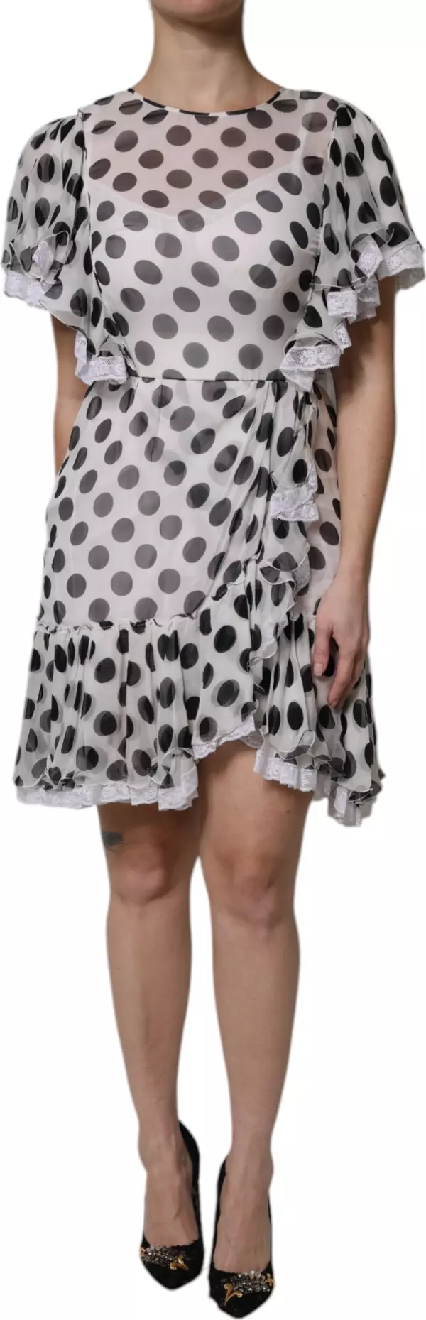 White Polka Dotted Silk Blend A-line Dress