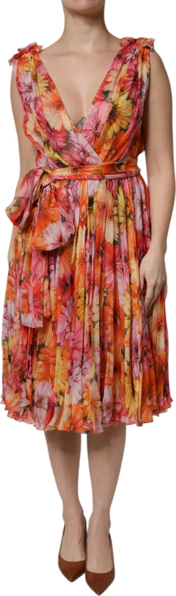 Multicolor Floral Silk V-neck Chiffon Dress